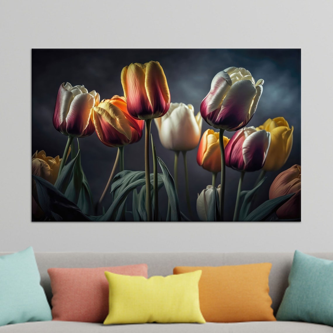Colorful Tulips Dark Background Moody Floral Bouquet Art Poster