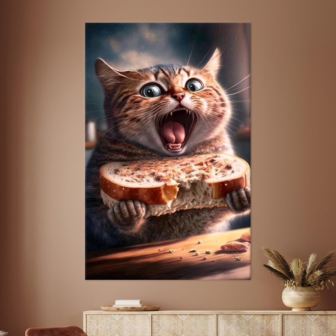 Funny Cat Eating Bread, Modern Kitchen Art Print