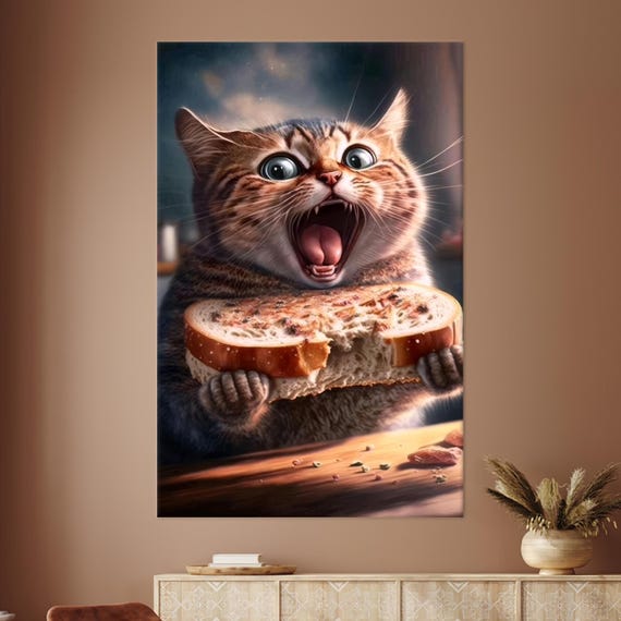 Funny Cat Eating Bread, Modern Kitchen Art Print