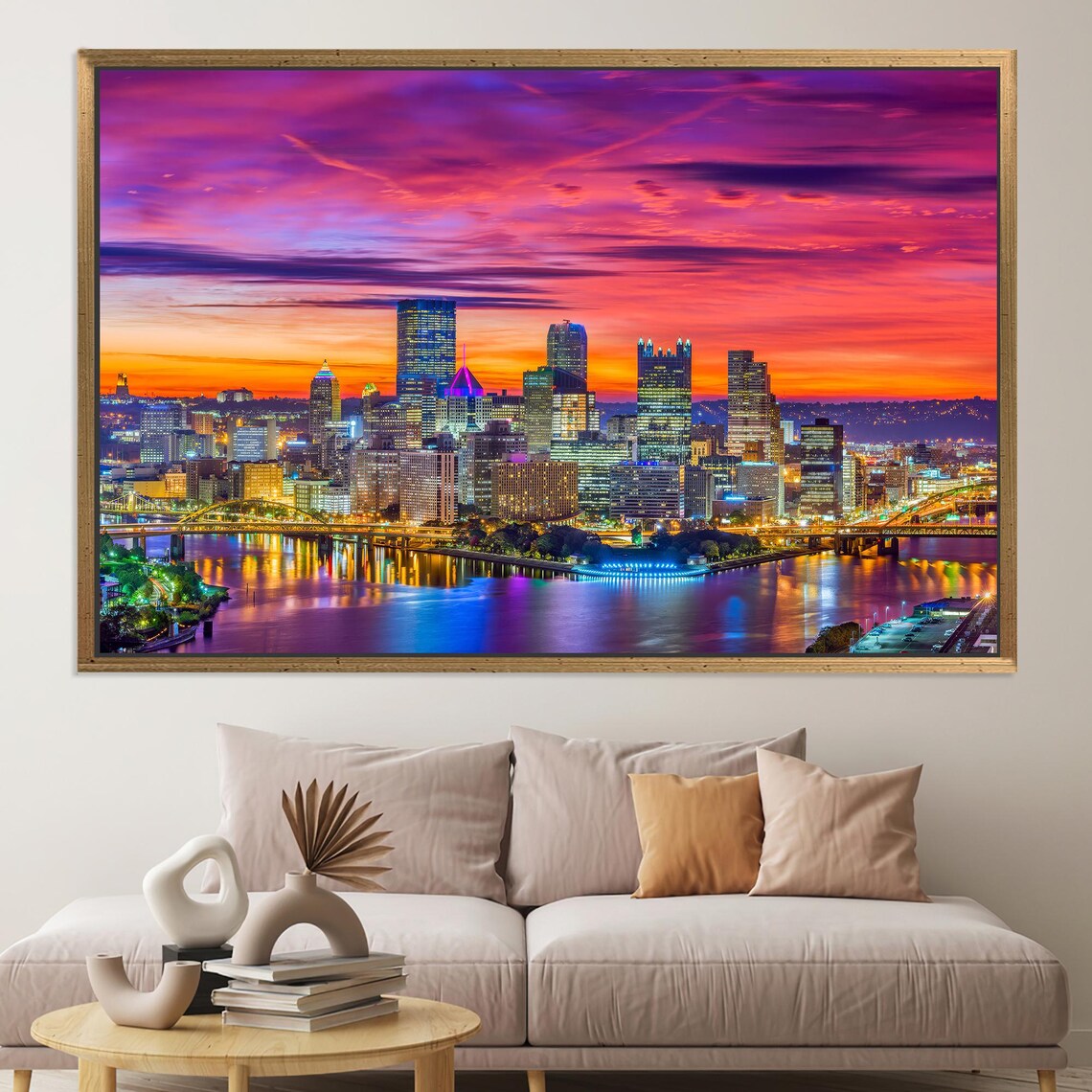 Pittsburg Sunset Canvas Art Cityscape Gold Frame Option
