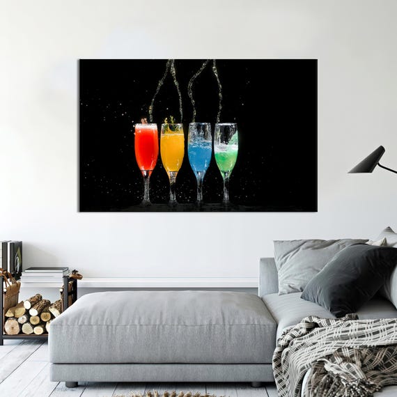 Colorful Cocktail Glasses Splashing Black Background Party Wall Art