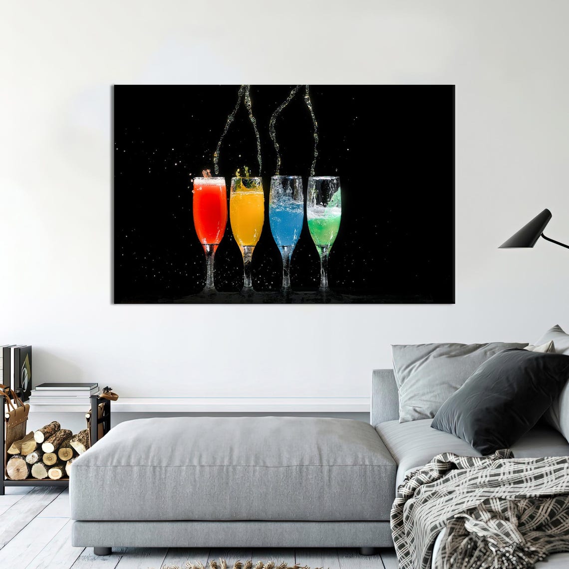 Colorful Cocktail Glasses Splashing Black Background Party Wall Art