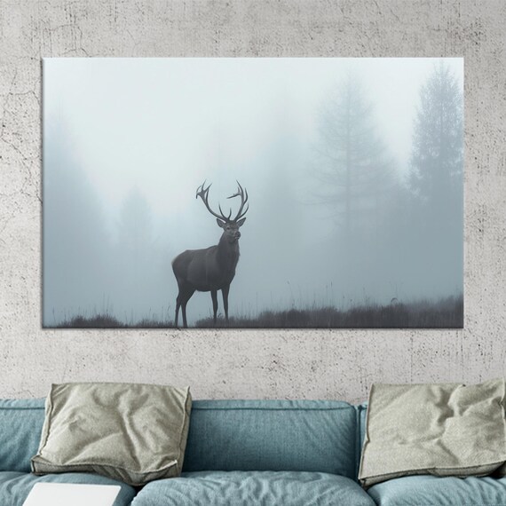 Quiet Stag Silhouette in Misty Forest Dawn Wildlife Art Poster