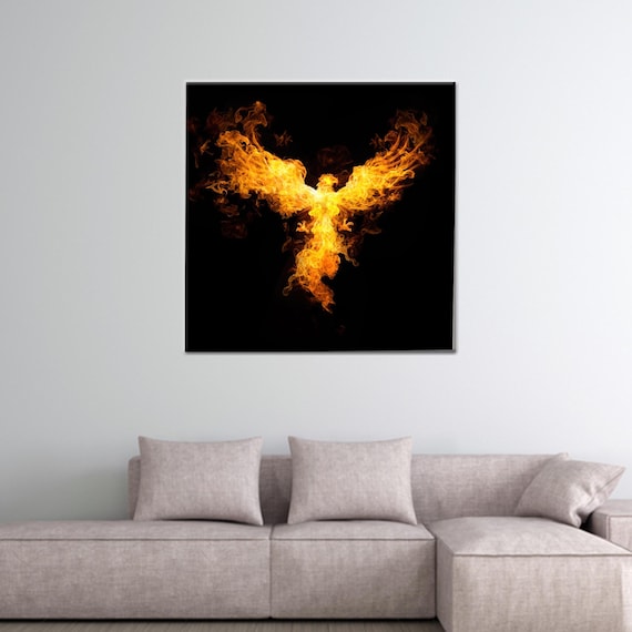 Fire Phoenix Rising Flames Black Background Mythical Wall Art