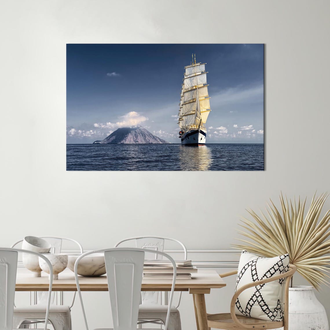 Tall Ship Full Sails Open Sea Near Volcanic Island Photo Poster