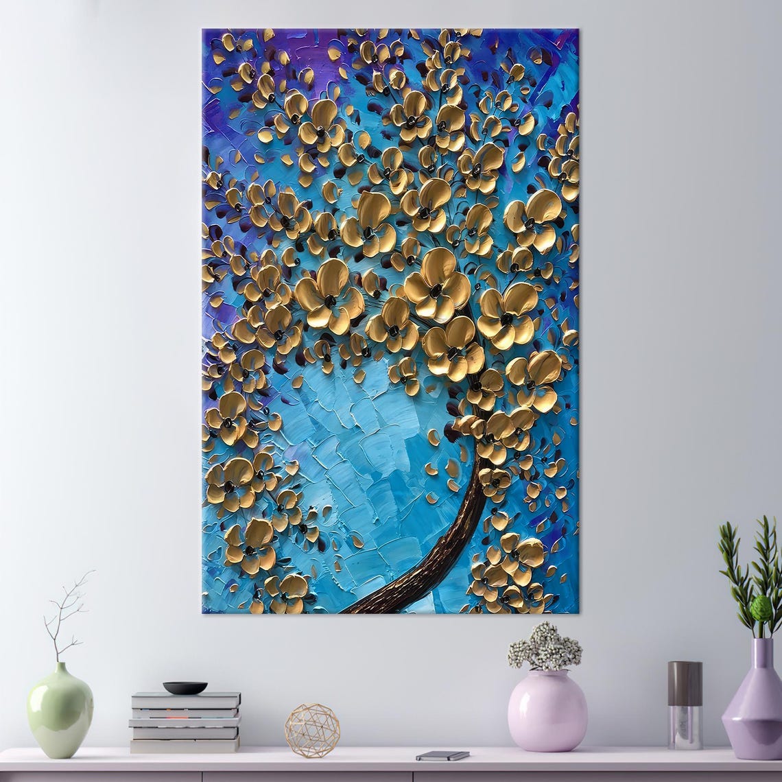 Blue And Gold Floral Tree Textured Blossom Modern Flower Poster