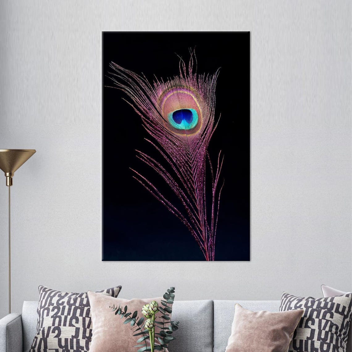 Iridescent Peacock Feather on Black Dramatic Macro Art Poster