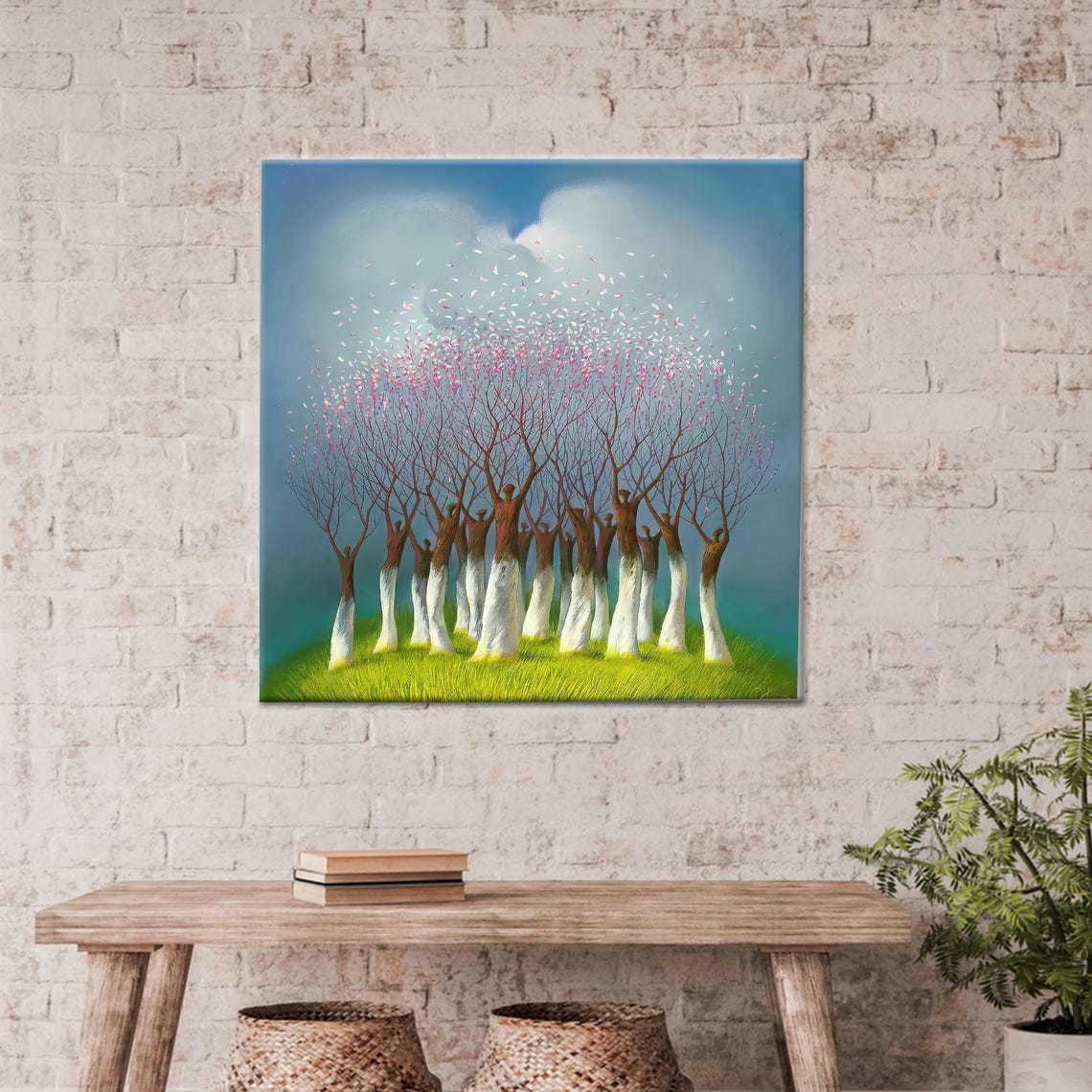 Blossom Trees Forming Human Figures Whimsical Spring Art Poster