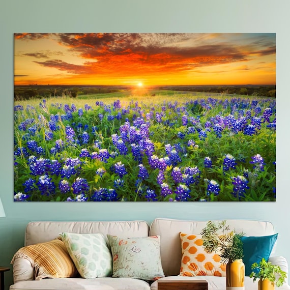 View Artwork Sunset Wall Art Bluebonnet Field Canvas Wedding Decor Landscape Personalized Gift