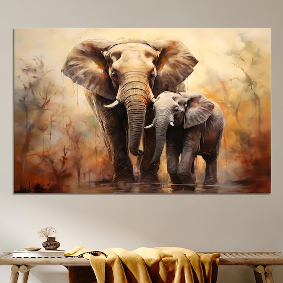Mom And Baby Elephant Canvas Art Personalized Nursery Decor