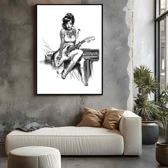 Tattooed Woman Guitarist Rock Pin Up Black White Ink Drawing Art Poster