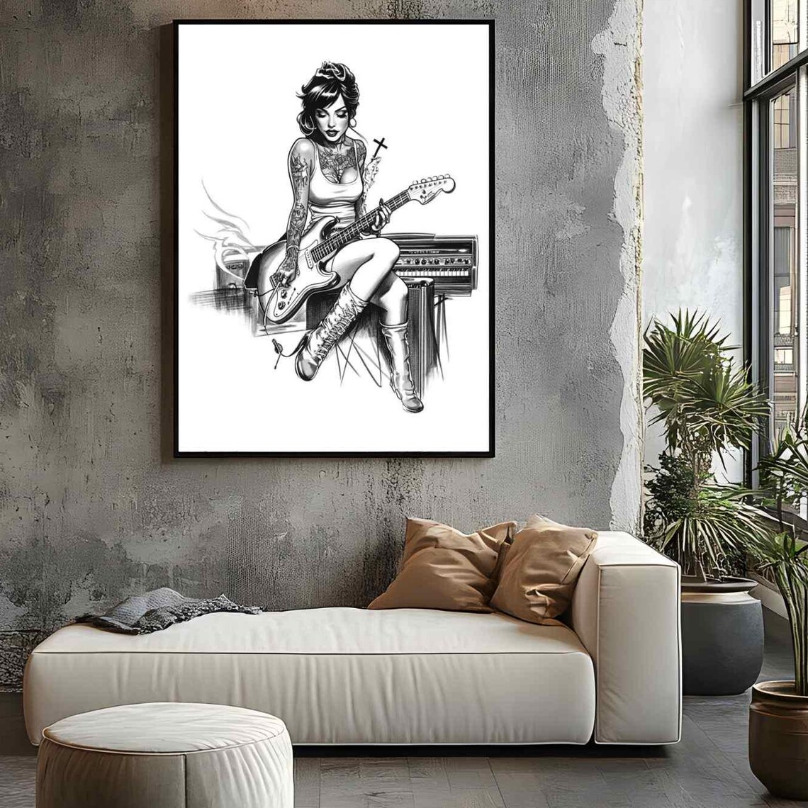Tattooed Woman Guitarist Rock Pin Up Black White Ink Drawing Art Poster