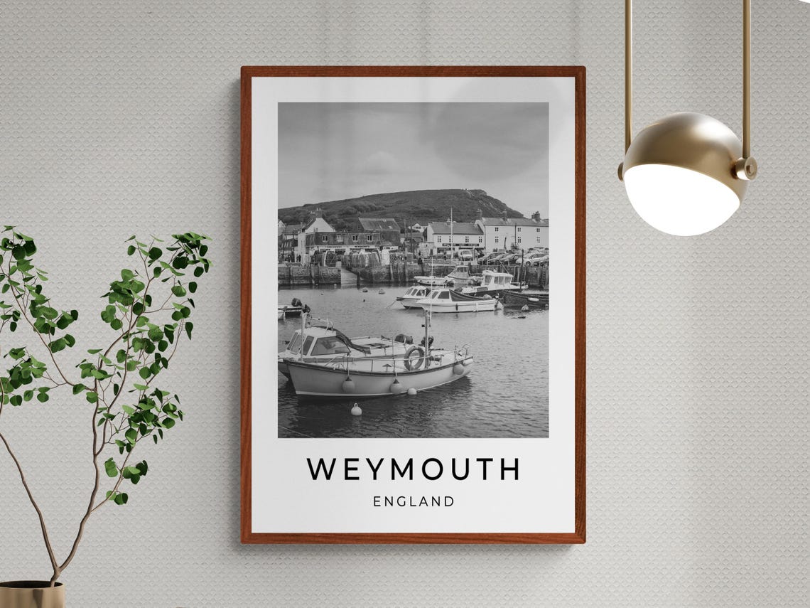 Weymouth England Harbor Boats Waterfront Scene Monochrome Poster - Image 3