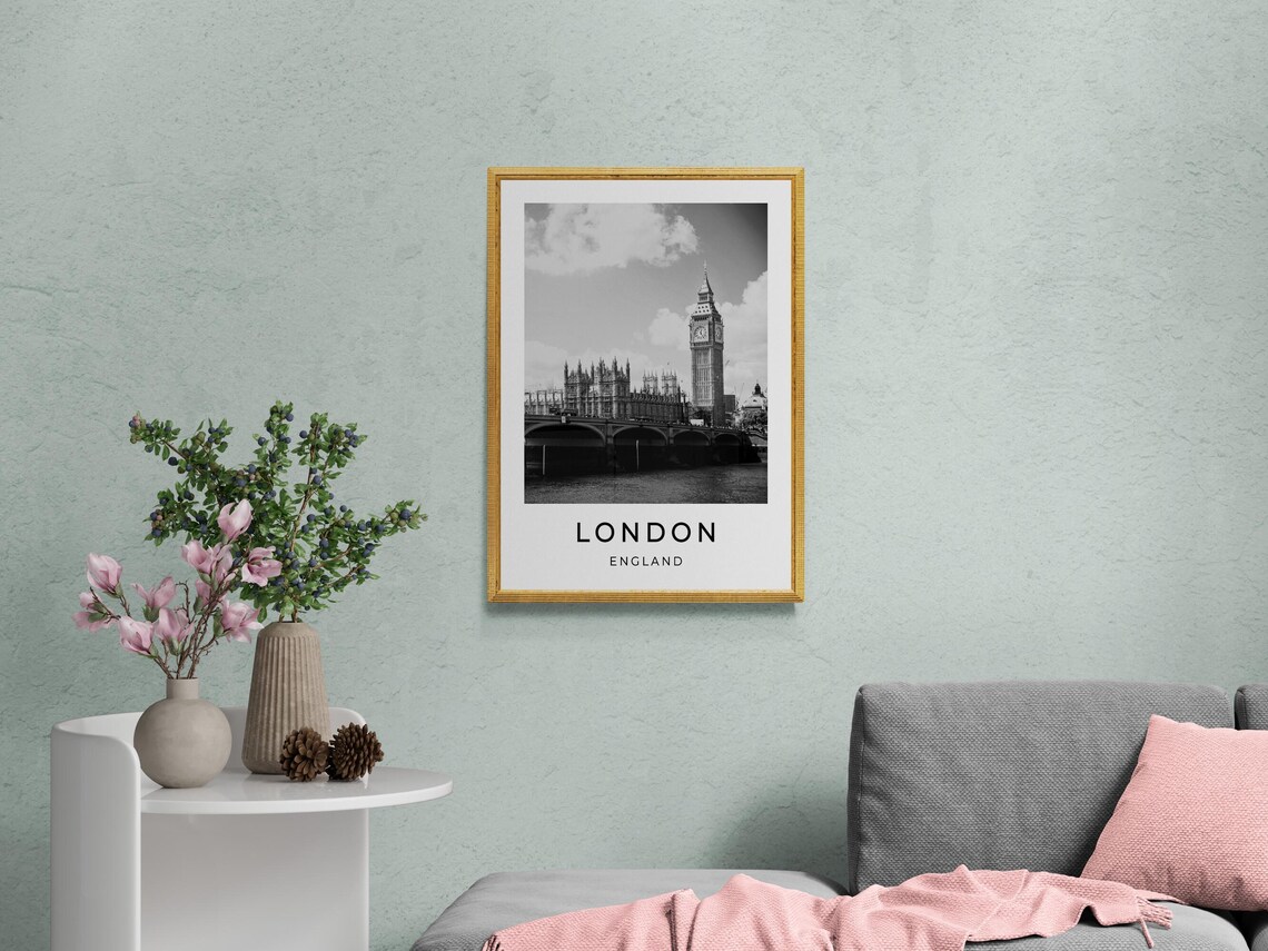London England Big Ben Parliament Bridge Black And White Travel Poster - Image 2