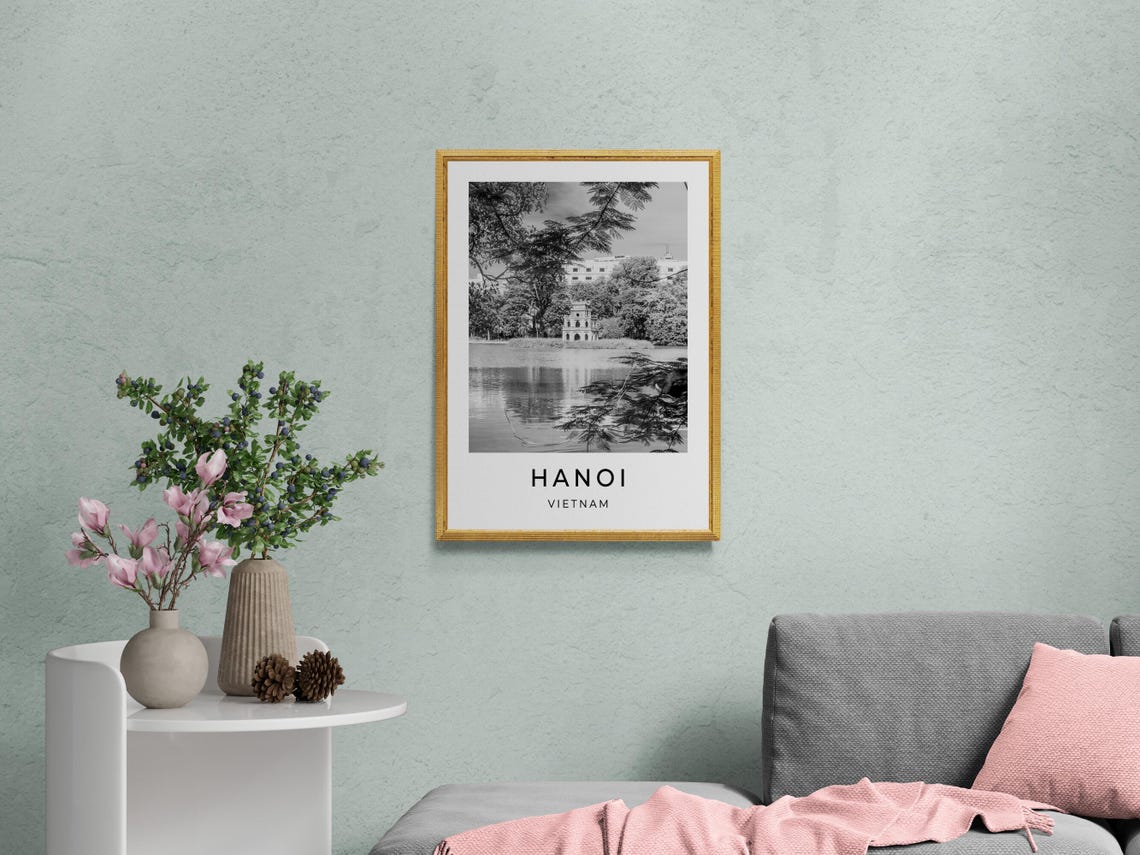 Hanoi Vietnam Hoan Kiem Lake Turtle Tower Black And White Poster - Image 2