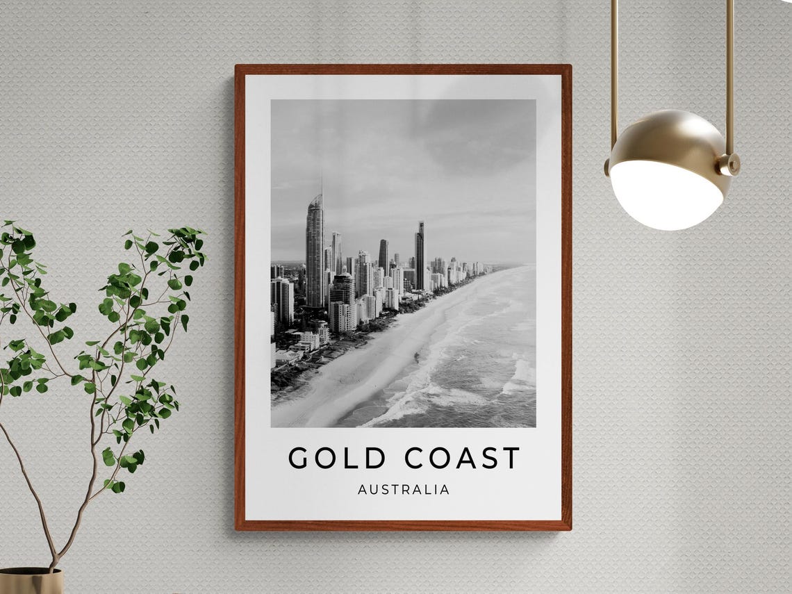 Gold Coast Australia Beach Skyline High Rises Monochrome Travel Poster - Image 3
