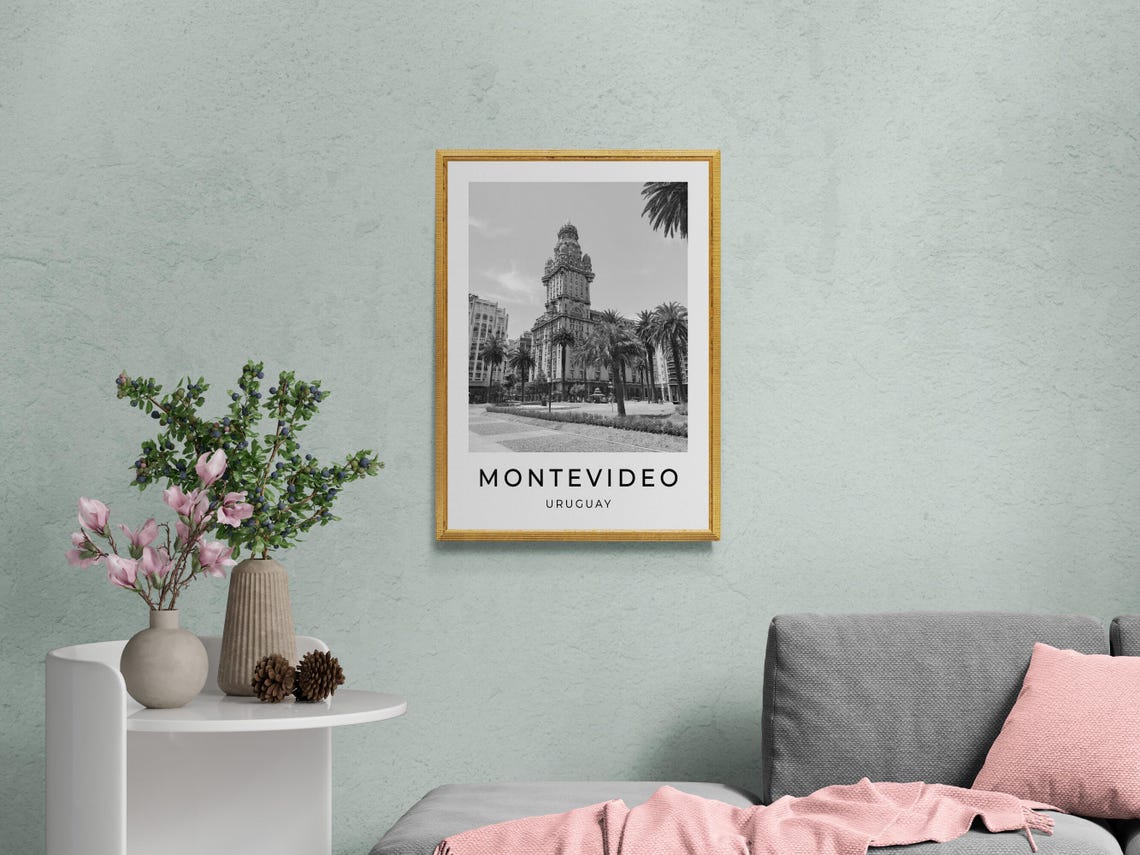 Montevideo Uruguay Palacio Salvo Plaza Black White City Travel Poster - Image 2