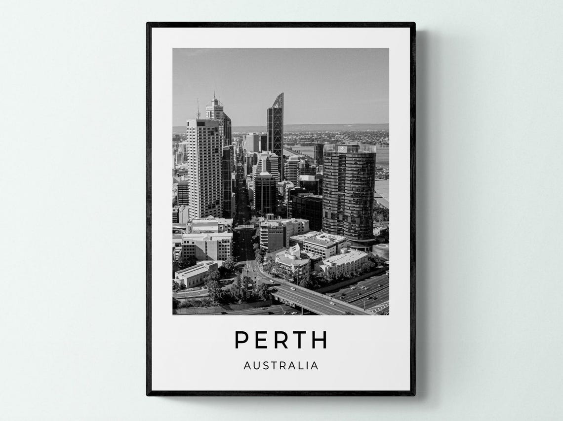 Perth Australia Downtown Aerial Skyline Black White City Poster