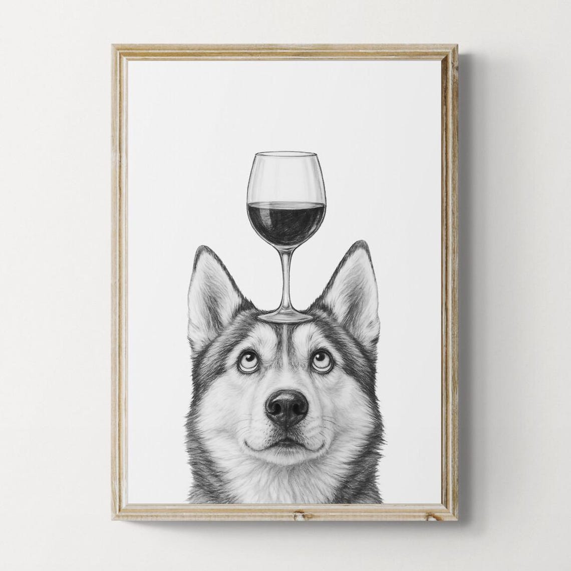 Siberian Husky Balancing Red Wine Glass Striking Sketch Poster