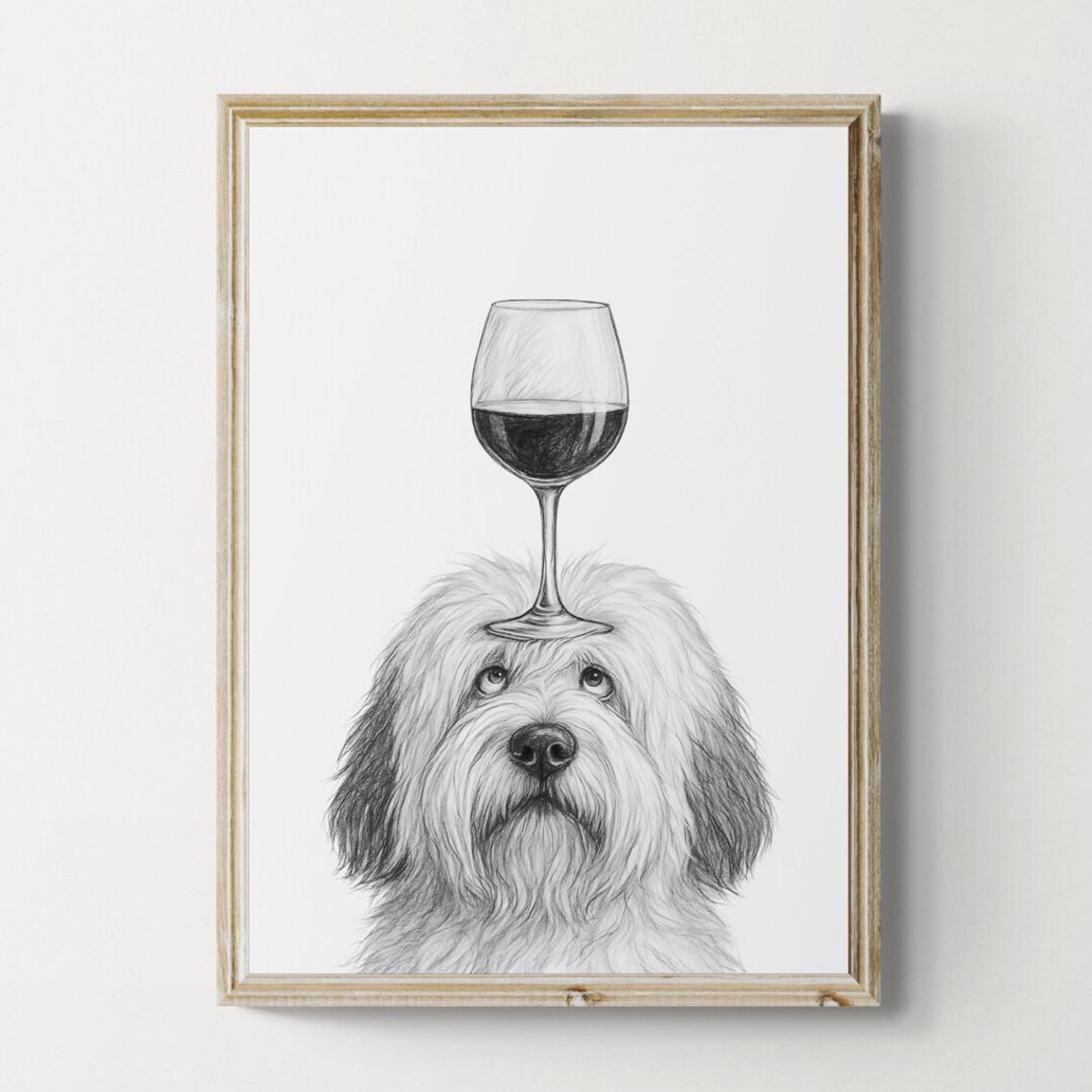 Old English Sheepdog Balancing Red Wine Glass Pencil Sketch Poster