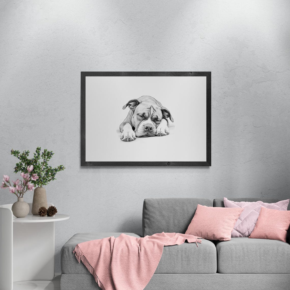Boxer Dog Sleeping Vintage Pencil Sketch Dog Breed Monochrome Wall Art - Image 3