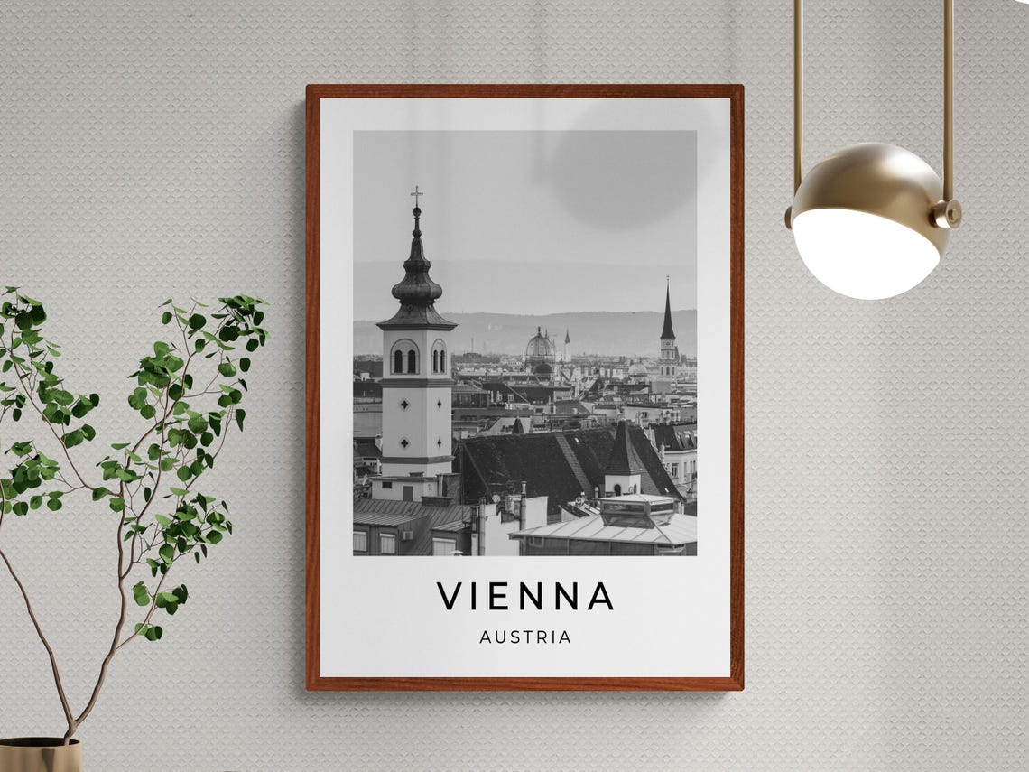 Vienna Austria Old Town Rooftops Church Spire Monochrome Travel Poster - Image 3