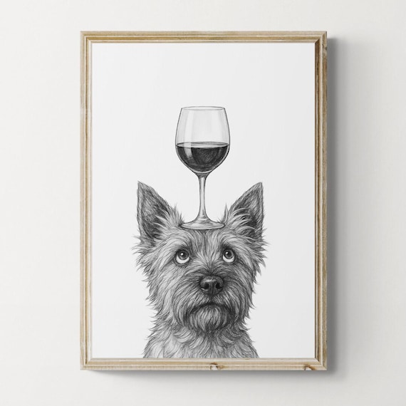 Cairn Terrier Dog Art Print Funny And Wine Drawing Lover Wall Decor Lovers Gifts