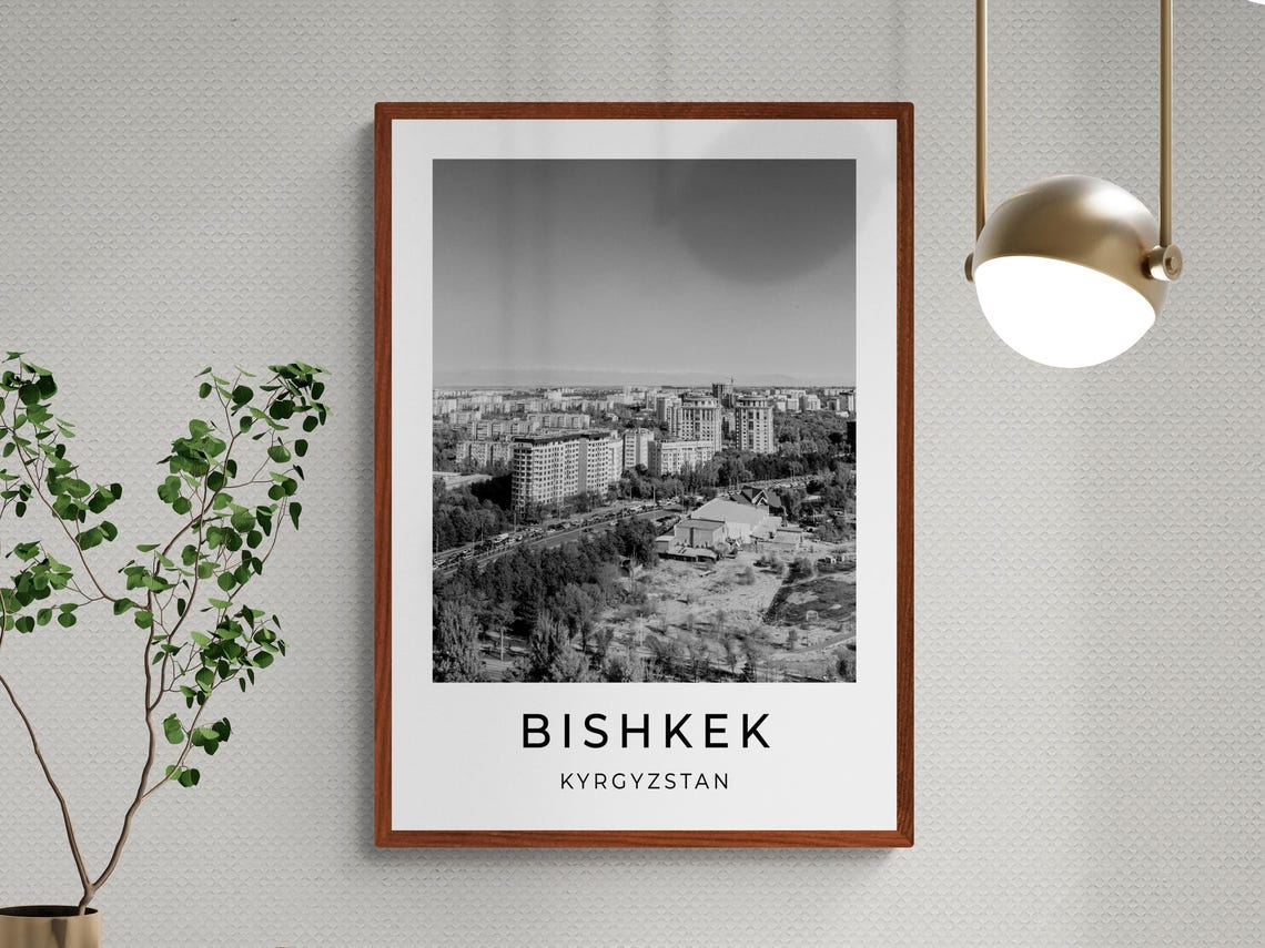 Bishkek Kyrgyzstan City Skyline Mountain Backdrop Monochrome Poster - Image 3