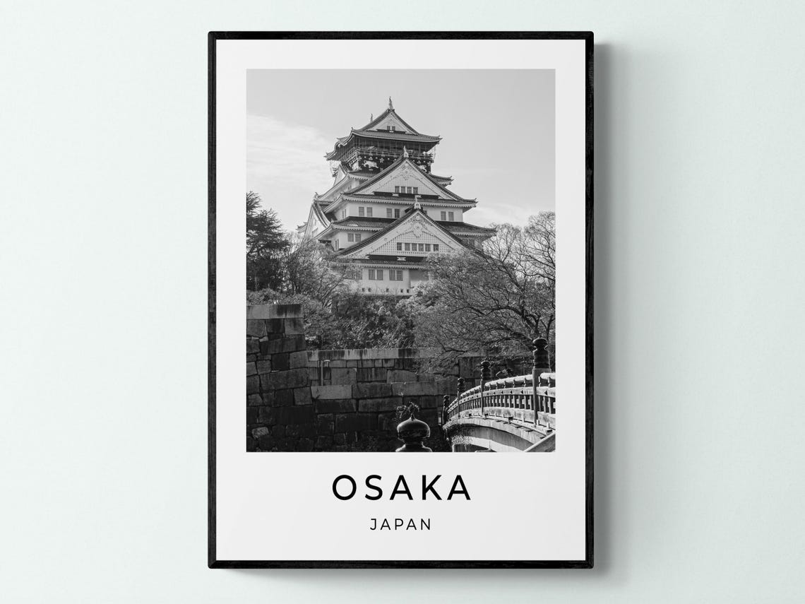 Osaka Japan Castle Moat Bridge Historic Monochrome Travel Poster