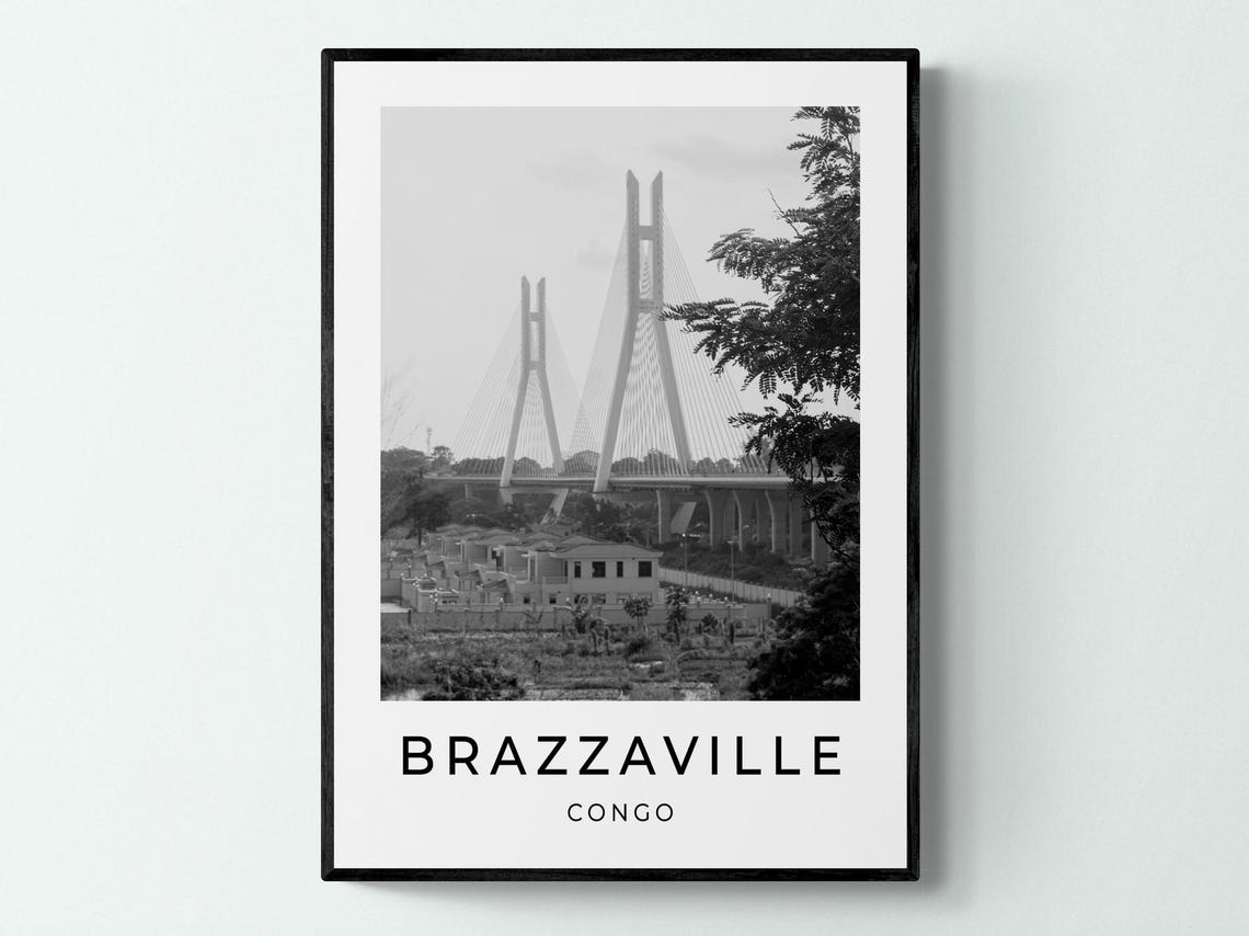 Brazzaville Congo Cable Stayed Bridge Pylons Monochrome Travel Poster