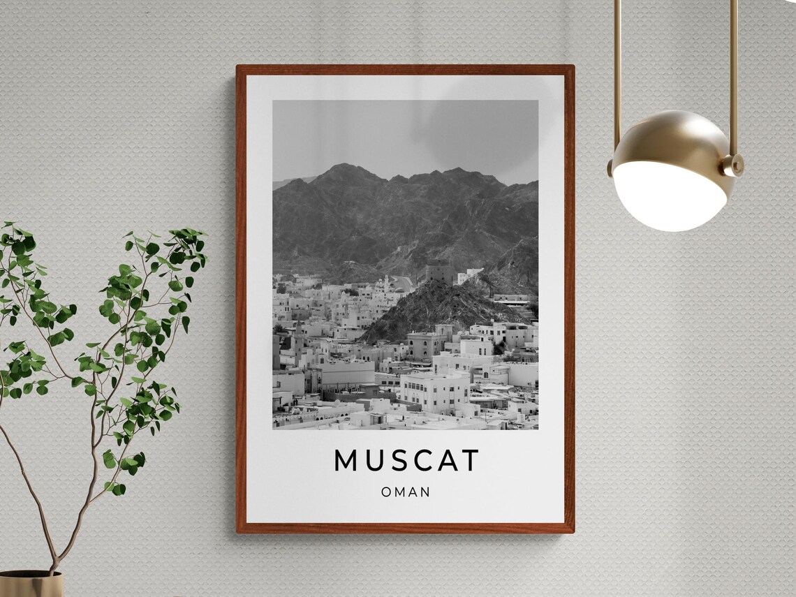 Muscat Oman Monochrome Old Town Mountains City Travel Poster Print - Image 3