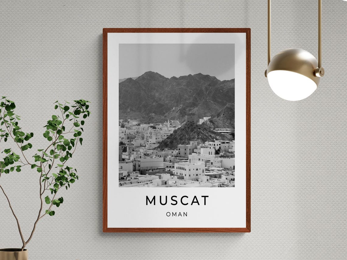 Muscat Oman White Old Town Mountain Backdrop Monochrome Travel Poster - Image 3