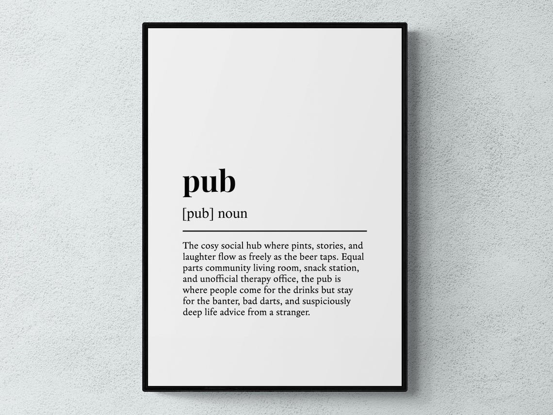 Pub Definition Poster Funny Dictionary Art Black White Typography