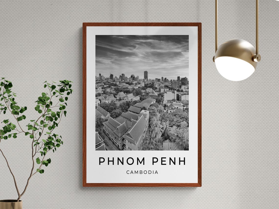Phnom Penh Cambodia City Skyline Black And White Monochrome Poster - Image 3