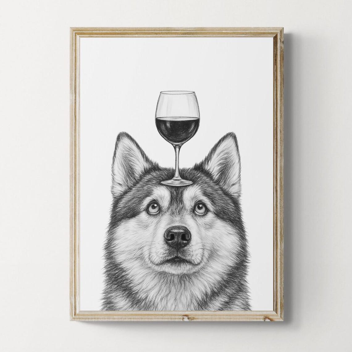 Alaskan Malamute Balancing Wine Glass Playful Black White Art Poster