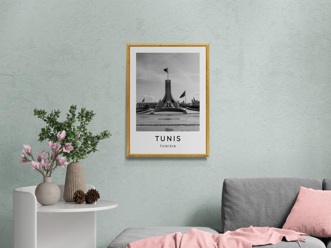 Tunis Tunisia National Monument Flags Plaza Monochrome Travel Poster - Image 2