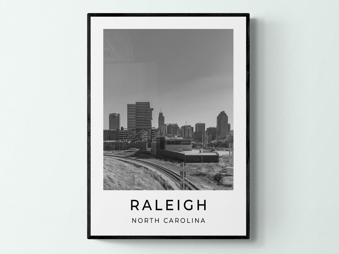 Raleigh North Carolina Downtown Skyline Railway Black White Poster