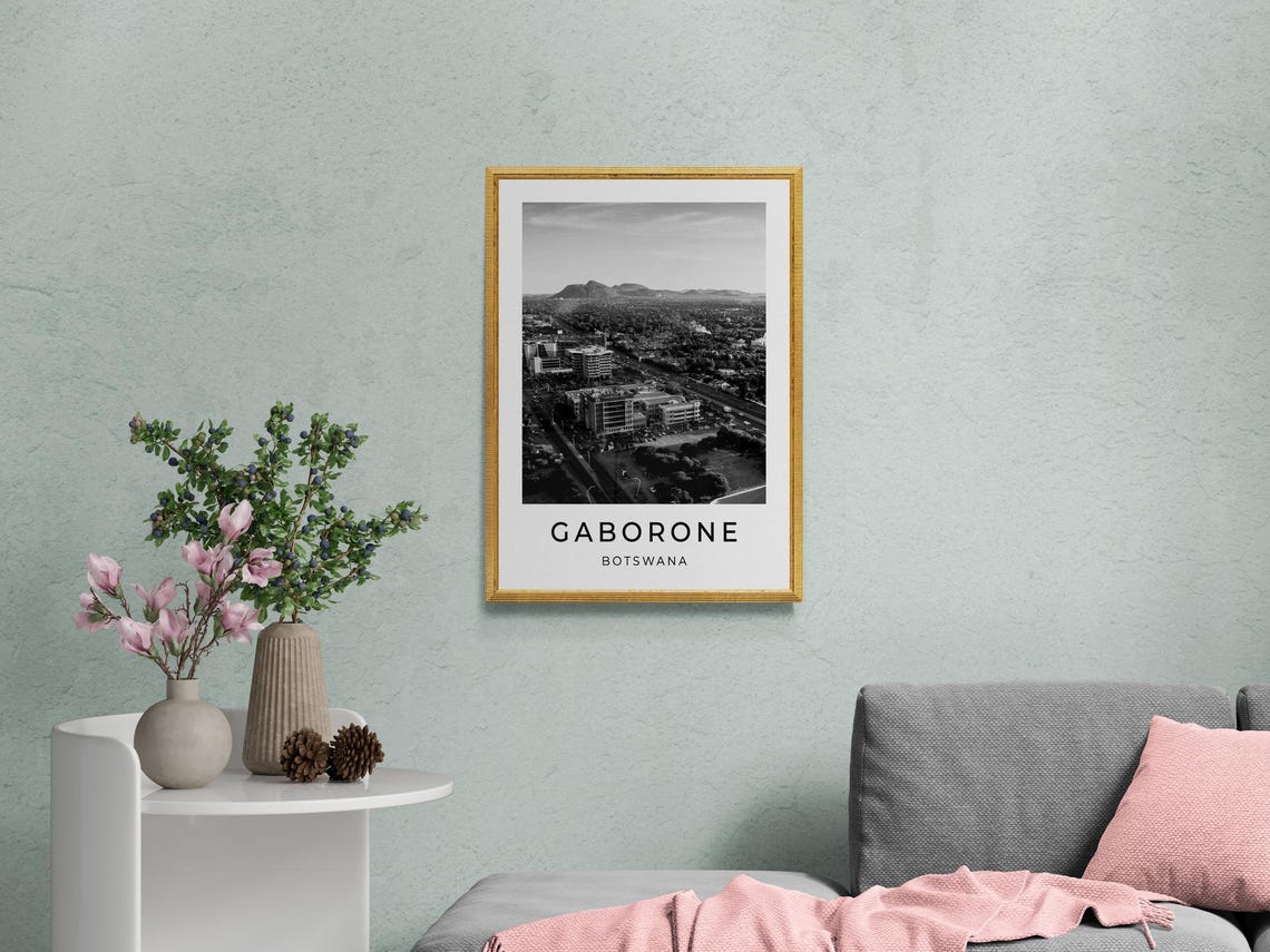 Gaborone Botswana Aerial City Skyline Mountain View Black White Poster - Image 2