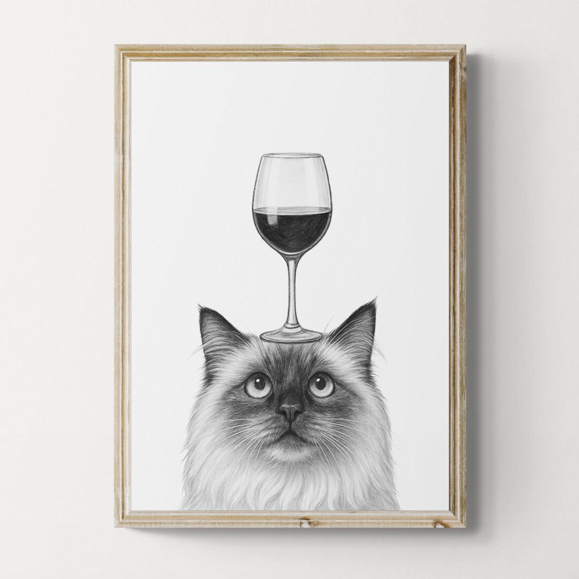 Birman Cat Art Print Funny And Wine Drawing Lover Wall Decor Lovers Gifts