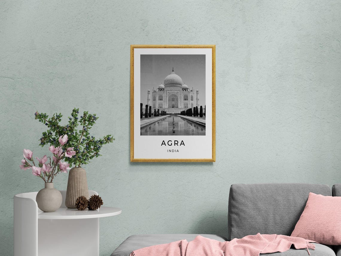 Agra India Taj Mahal Front View Reflecting Pool Black White Poster - Image 2