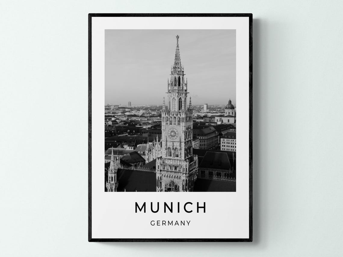 Munich Germany Black and White Town Hall Clock Tower Travel Poster - Image 3