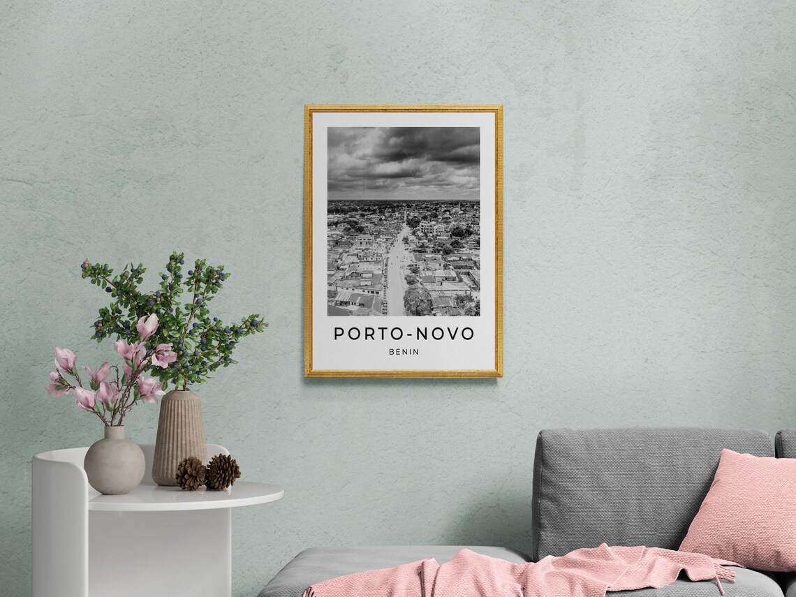 Porto-Novo Benin Aerial Street View Dramatic Clouds Black White Poster - Image 2