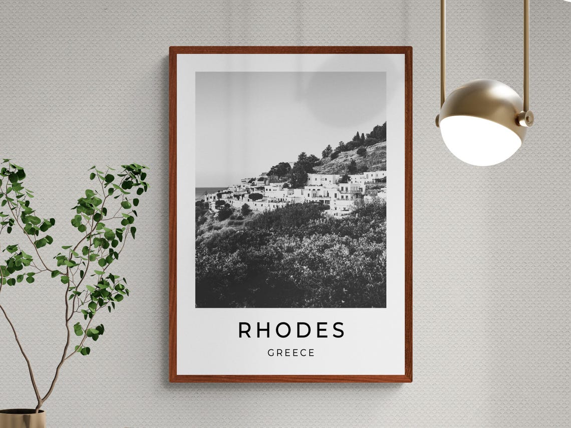 Rhodes Greece Whitewashed Hillside Village Aegean Black White Poster - Image 3