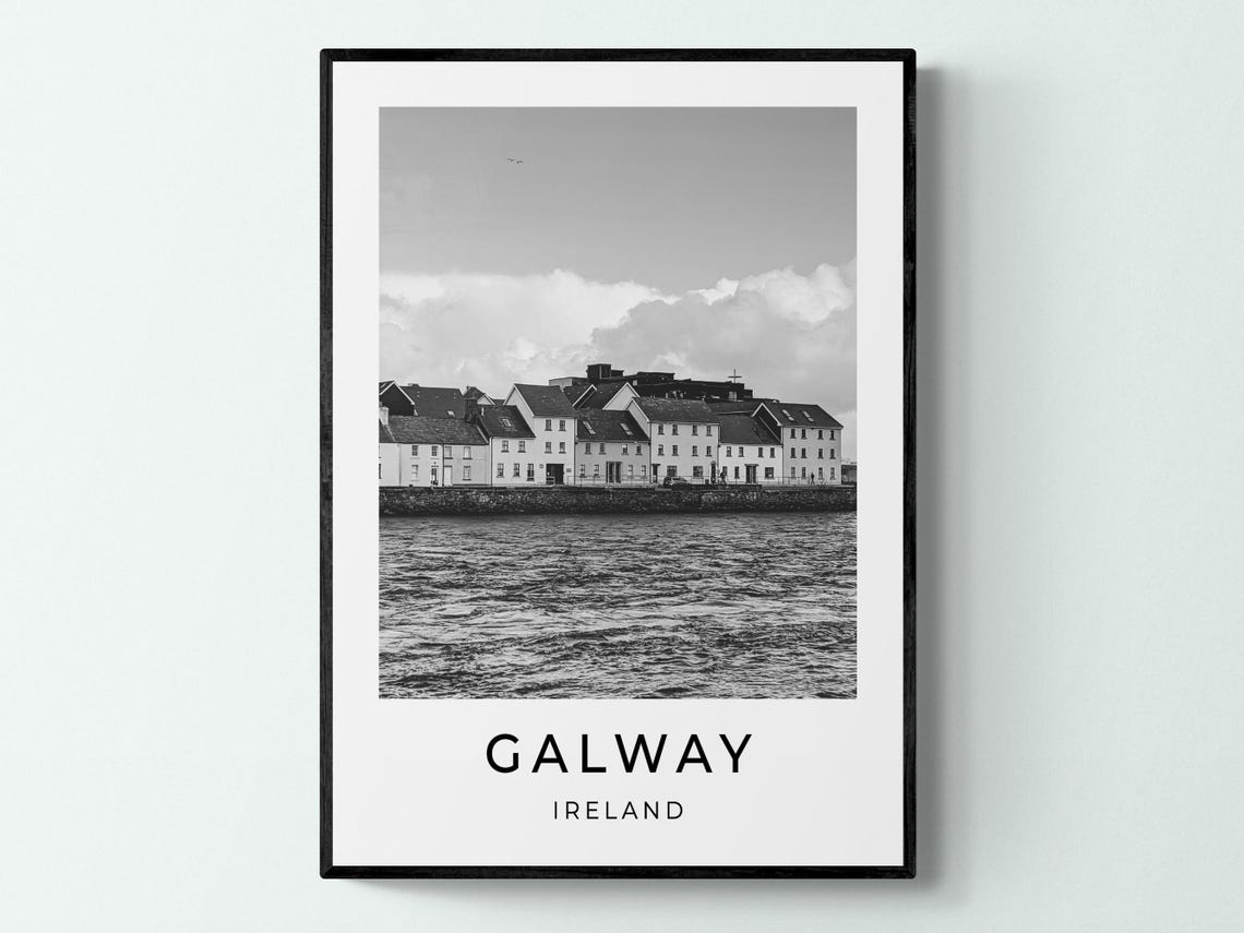 Galway Ireland Waterfront Row Houses Black And White Travel Poster