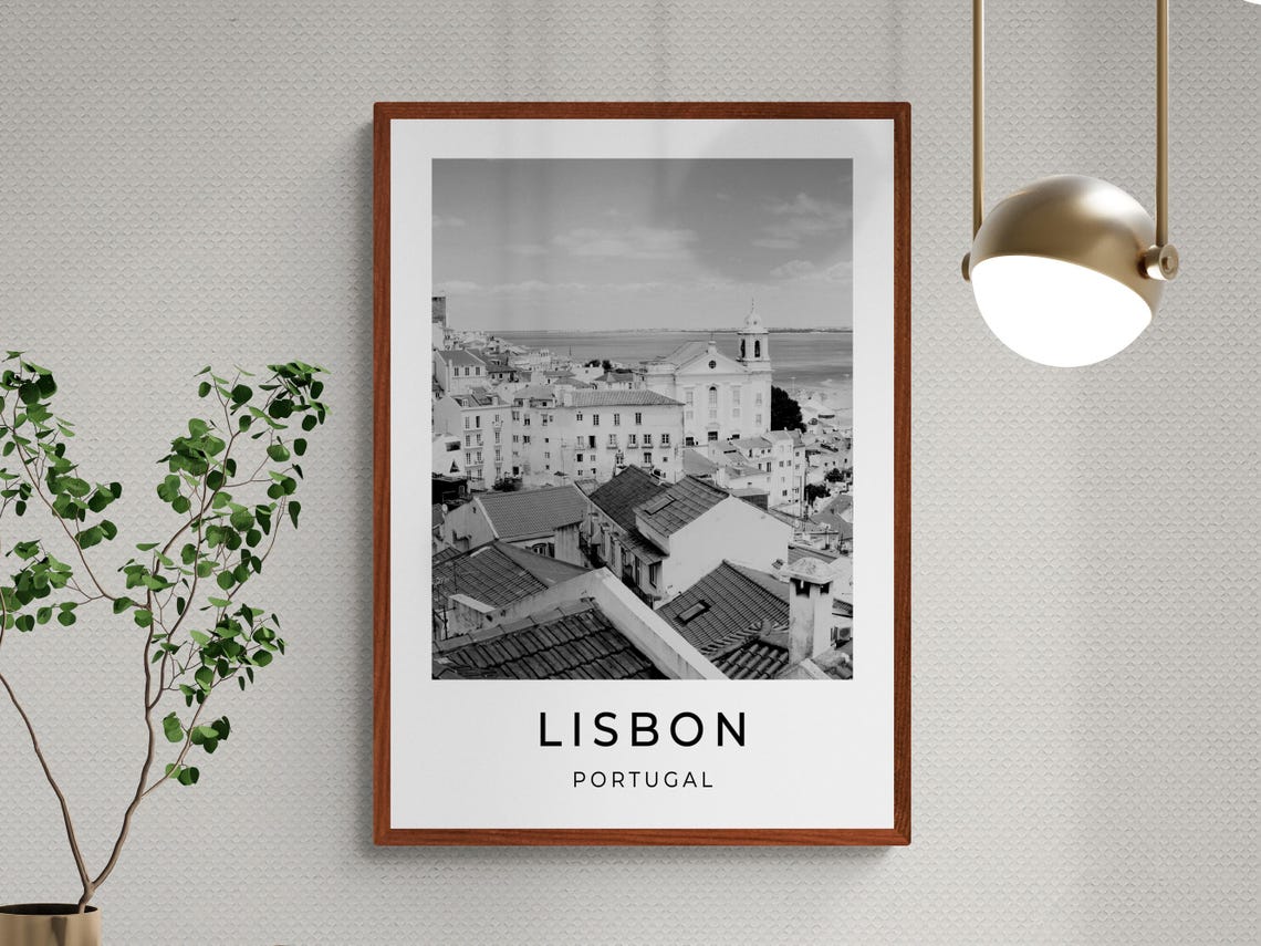 Lisbon Portugal Scenic Black White Old Town Rooftops Travel Poster - Image 3