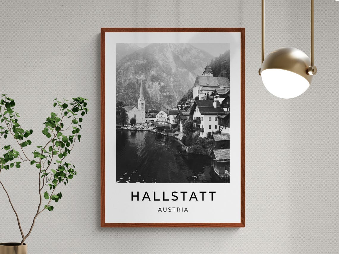 Hallstatt Austria Lakeside Village Church Mountain Black White Poster - Image 3
