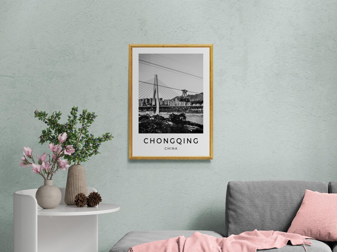 Chongqing China Yangtze Bridge Cable Car Black White Travel Poster - Image 2