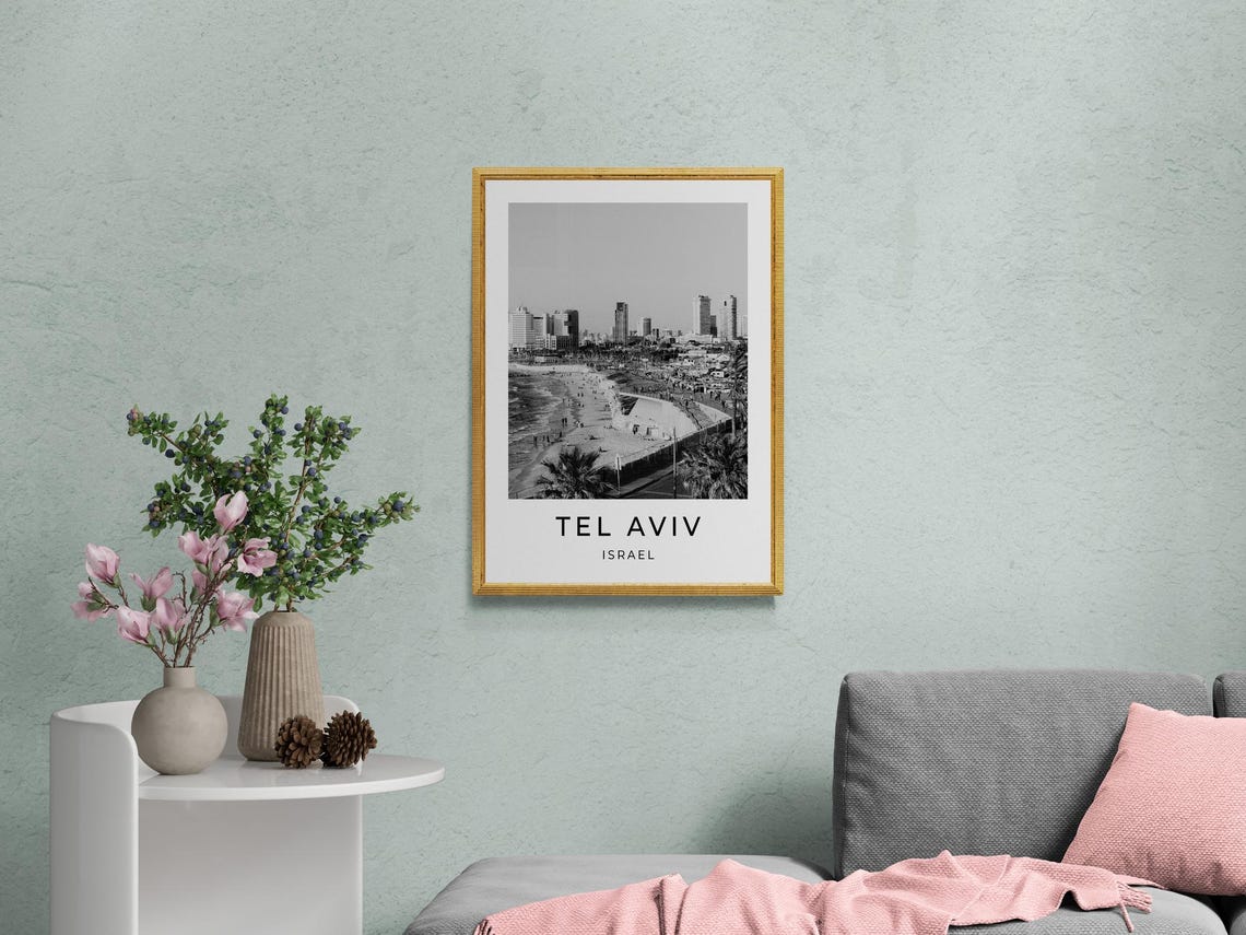Tel Aviv Israel Beach Skyline Black And White City View Poster - Image 2