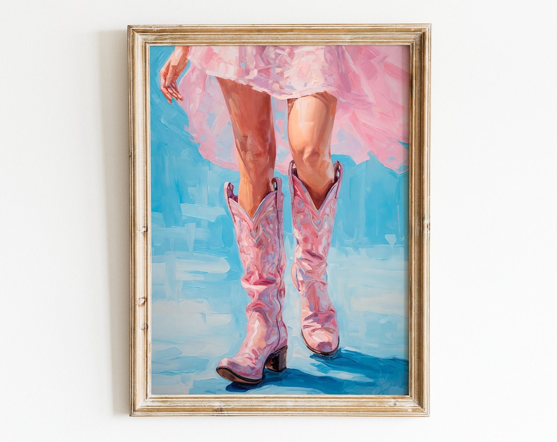 Cowgirl In Pink Boots Retro Western Wall Art Print