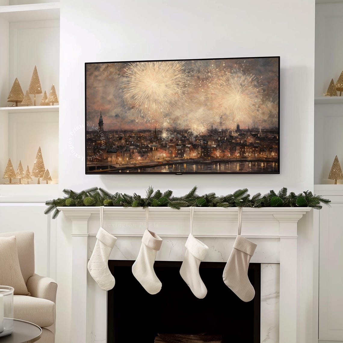 Fireworks Old European City Night River Reflections Painting Poster - Image 3